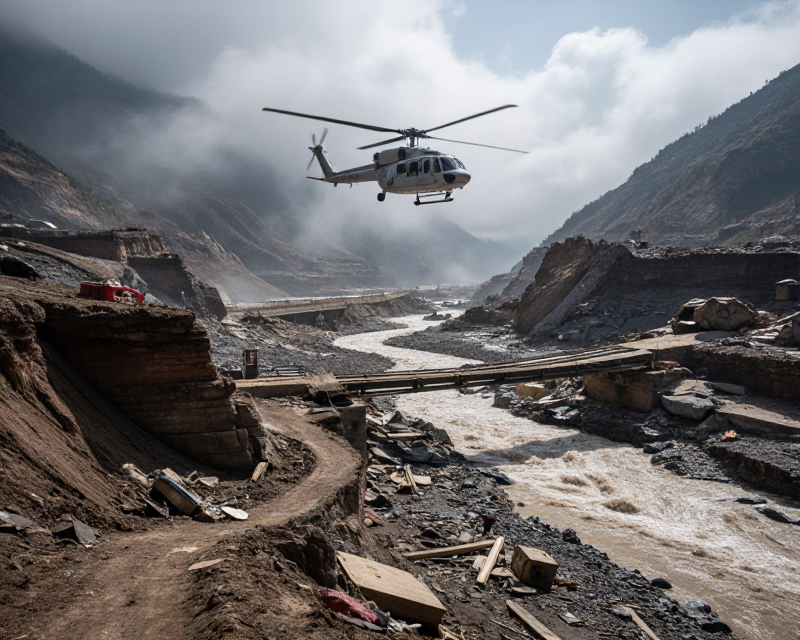 Rescue Helicopter in Nepal Flood Scene